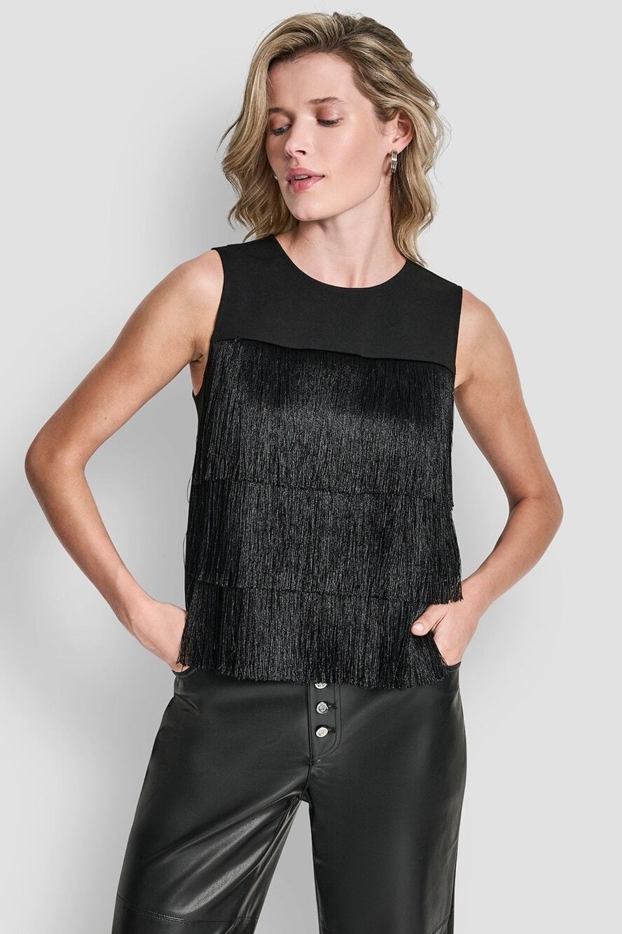DKNY Women's Tiered Fringe Sleeveless Blouse Black Size L 2756